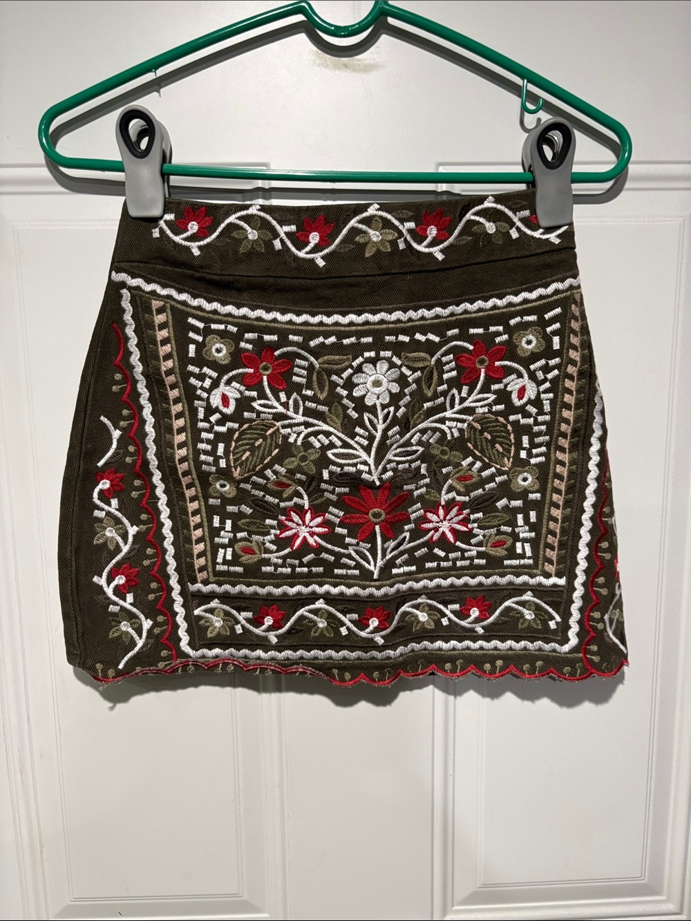 Embroidered Olive Green Mini Skirt with Floral Detail